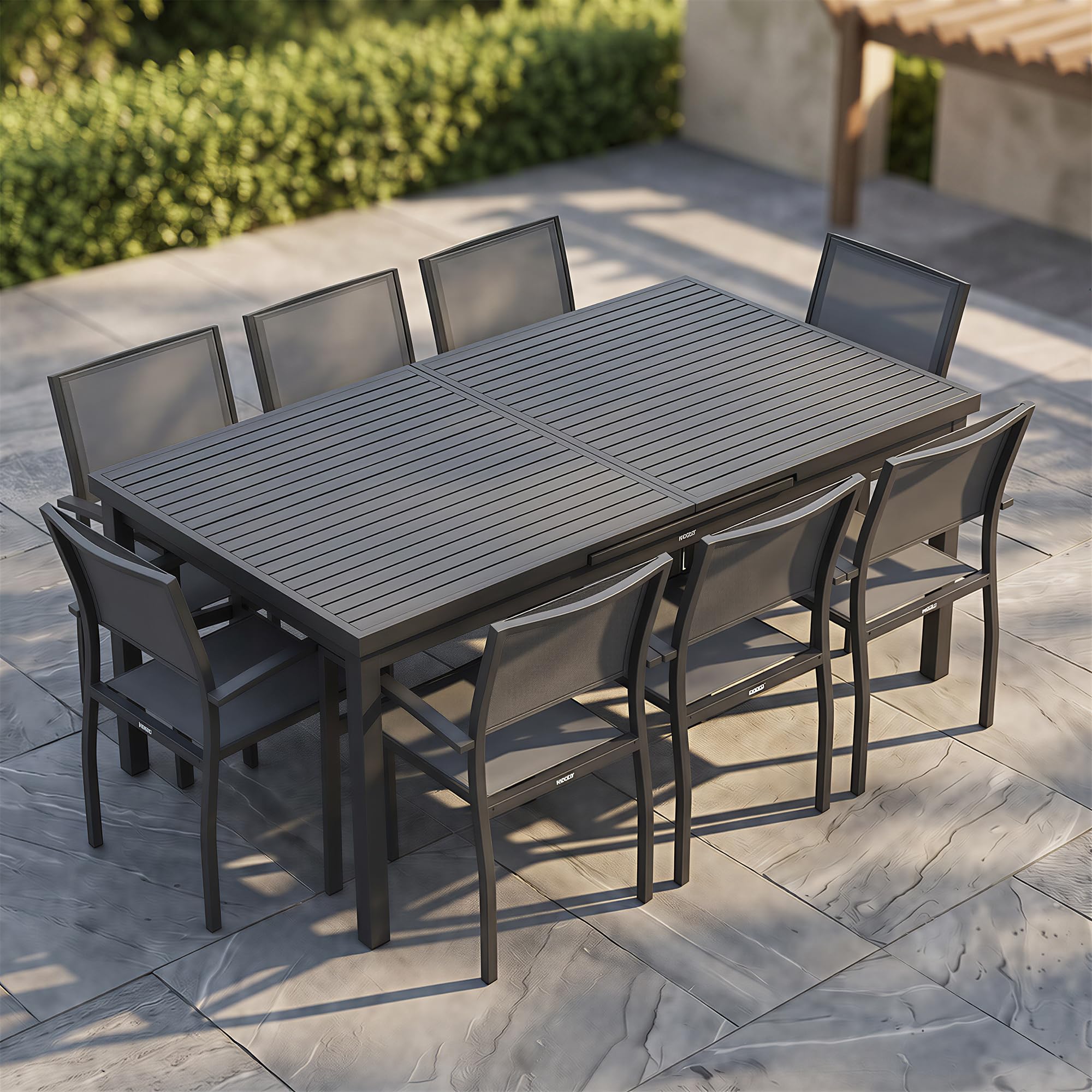 HIGOLD Heck 9-stühliges Gartenmöbel Set mit ausziehbarem Tisch – Vollaluminium Terrassenmöbel, 8 stapelbare wetterfeste Textilene-Gewebe für Garten und Veranda | Kohleschwarz