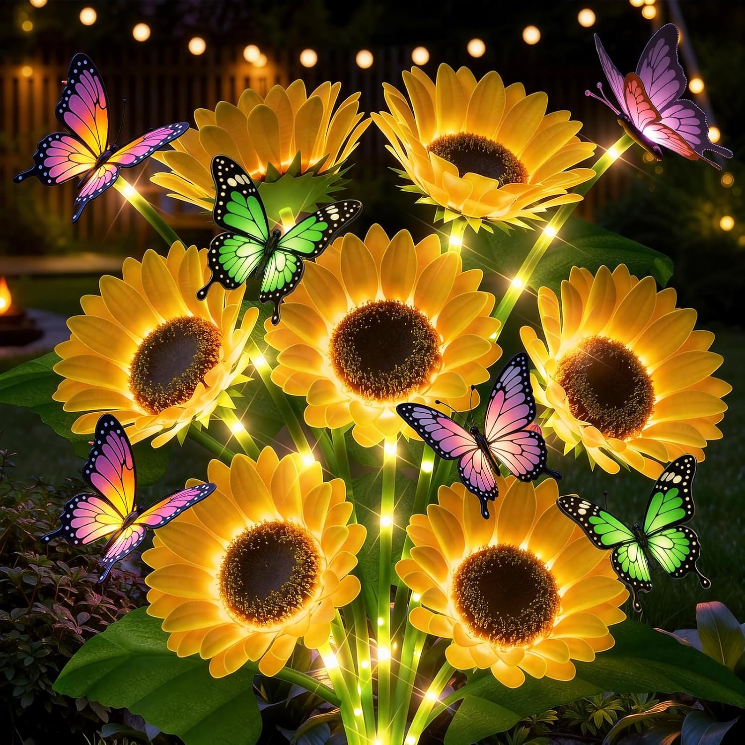 Solar Sunflowers Lights Outdoor Waterproof: 2 Pack Butterfly Decorations | Auto On/Off, IP65 Waterproof, Mom Gifts, Artificial Flower Lights, Long-Lasting 12-15hrs, Garden Pathway Yard Decor Outdoor
