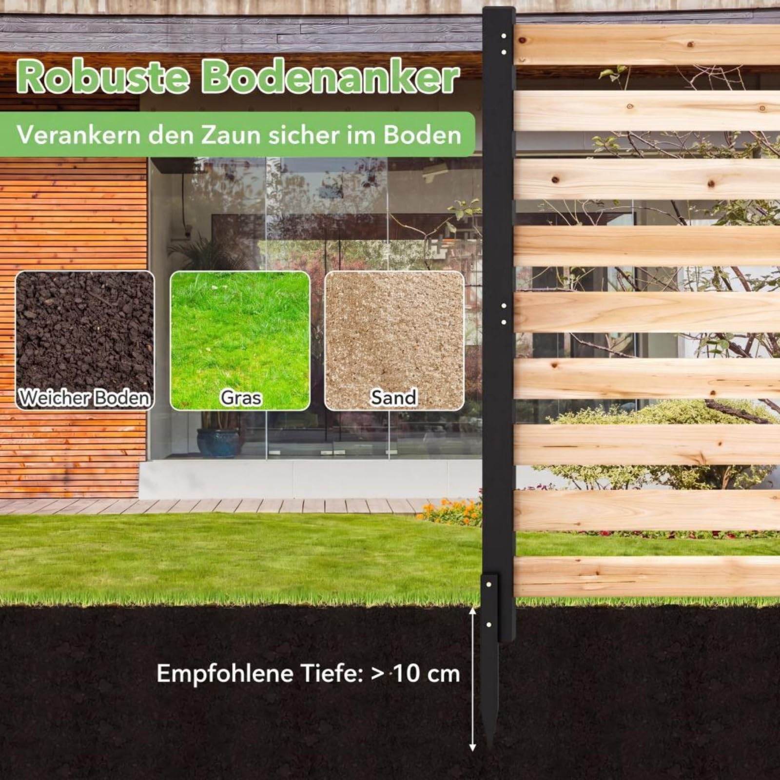 COSTWAY Gartenzaun 3-teilig, Zaun mit 4 Pfählen, 98 x 107 cm, Sichtschutzzaun aus Holz, Steckzaun Lamellenzaun, Tannenholz, freistehender Sichtschutz für Garten Terrasse, Natur