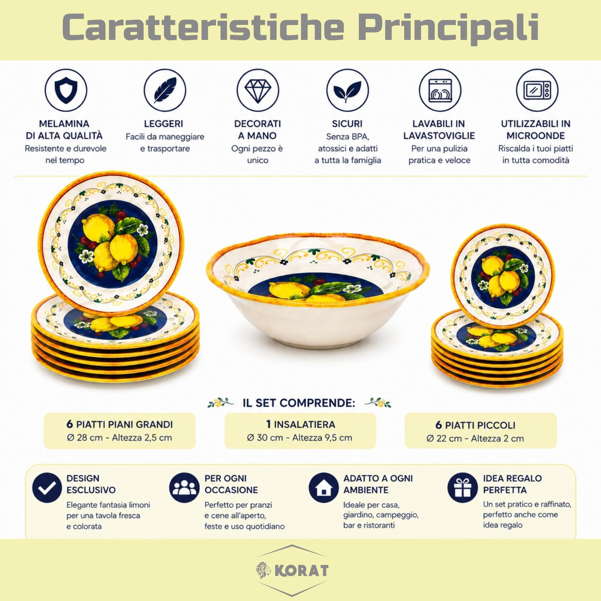 KORAT - Set Piatti in Melamina 13 Pezzi Fantasia Limoni Mediterranei, Servizio Tavola per 6 Persone con 6 Piatti Piani 28 cm, 6 Piatti Dessert 22 cm e Insalatiera 30 cm, Leggeri e Resistenti
