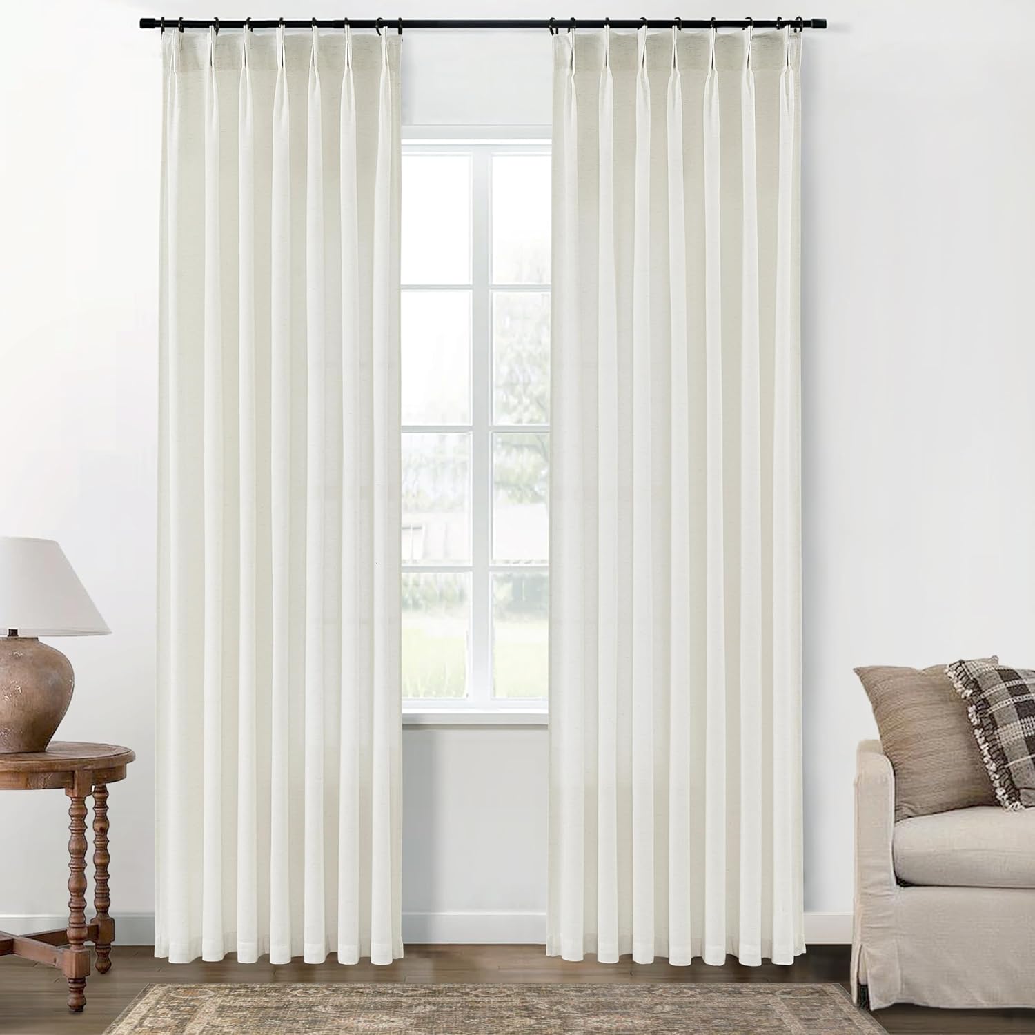 SHINELAND 95 Inch Linen Curtains for Living Room,Sheer Light Filtering Farmhouse Pinch Pleated Drapes for Bedroom 2 Panel Set,Cream Ivory 40"W x 95"L (Pack of 2) Natural