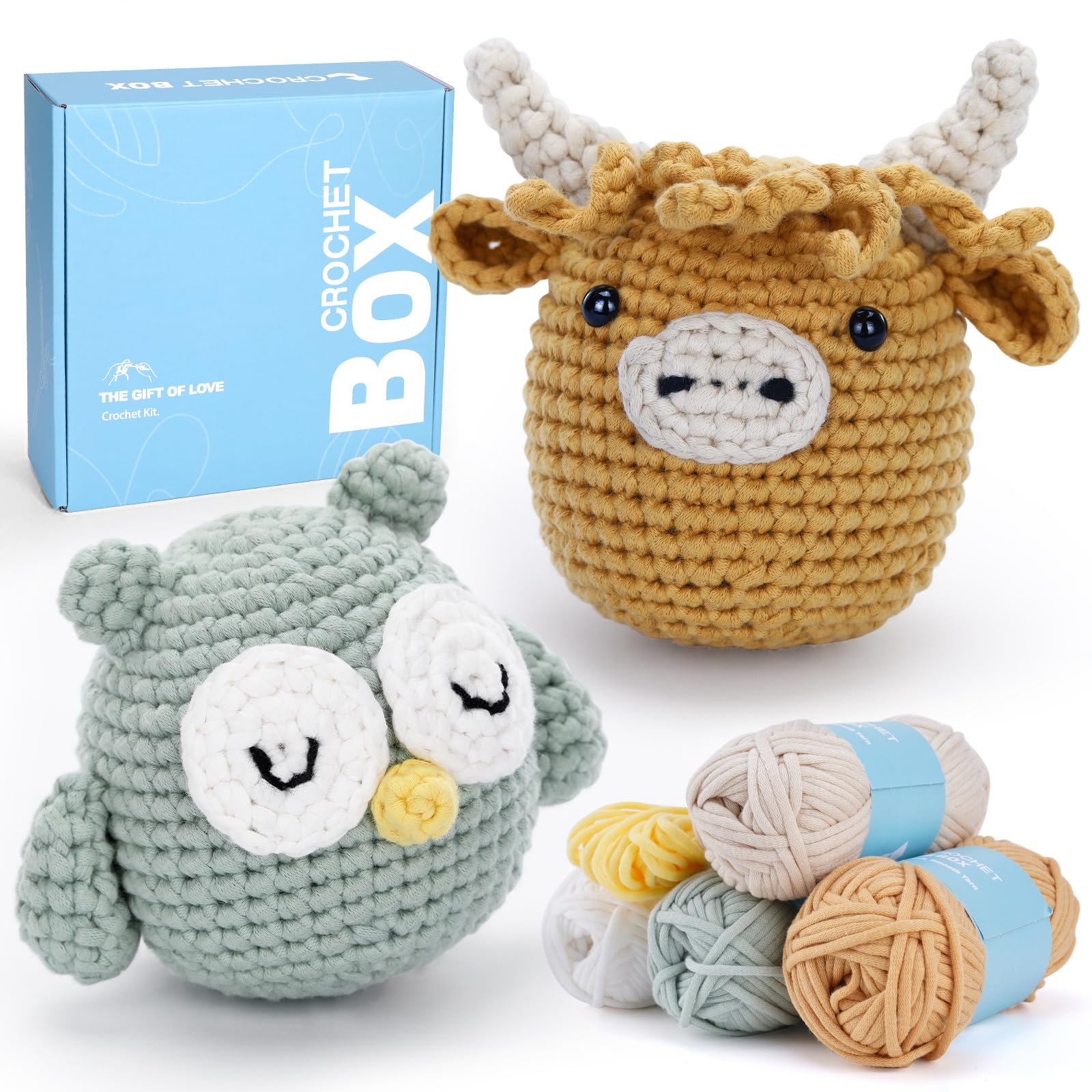 CrochetBox Crochet Kit for Beginner, Highland Cow and Owl Learn How to Crochet Stuffed Animals Gift for Adults and Teen(), Knitting Set with Yarn Hook