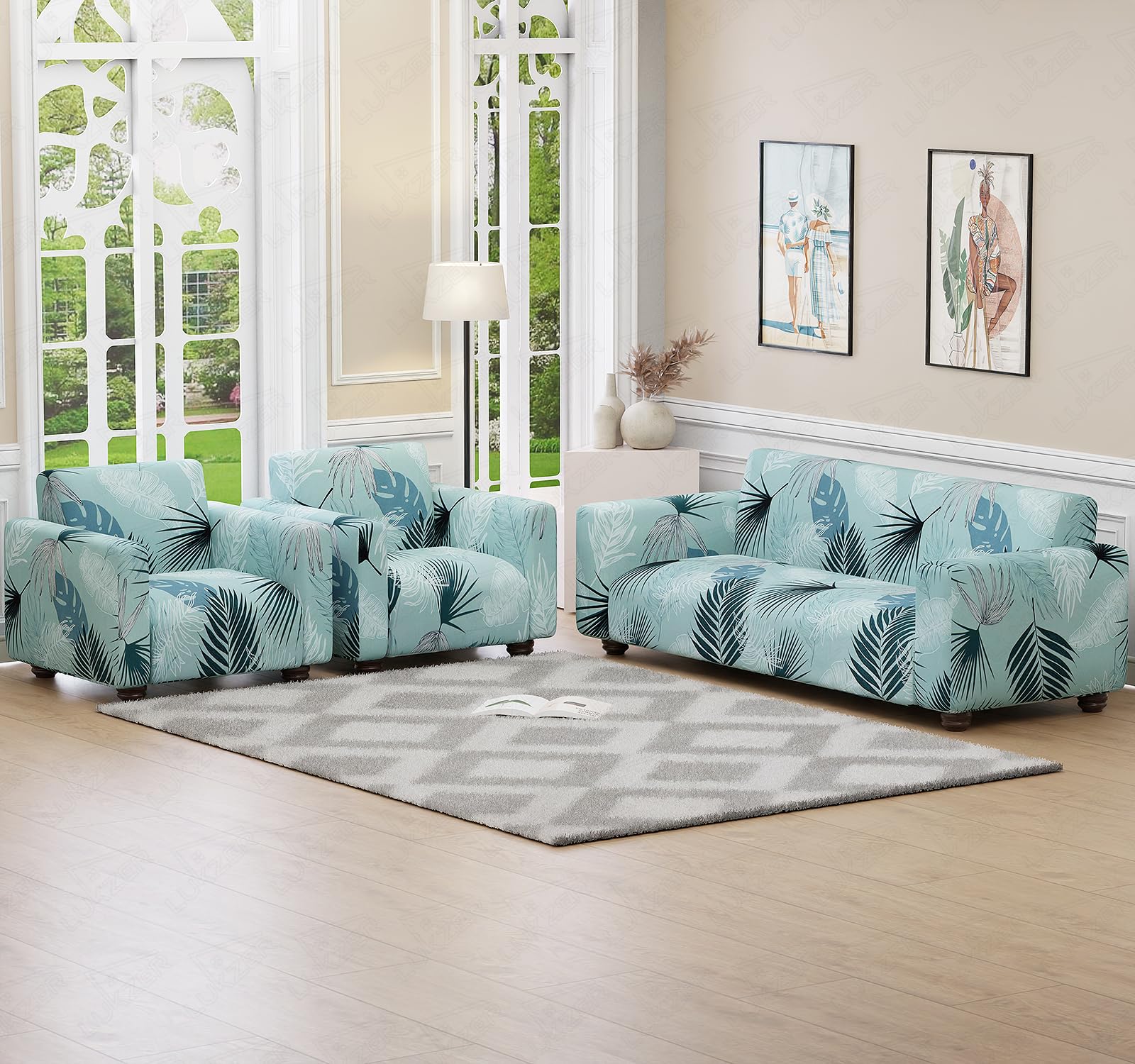 Lukzer 5 Seater Sofa Cover - Light Blue | Universal Sofa Cover 3+1+1 Seater | 360° Fully Covered Anti-Slip Washable Couch Cover Protecter | 140 GSM Stretch Fit Polyester + Spandex Slipcover SC-008-05-image-32