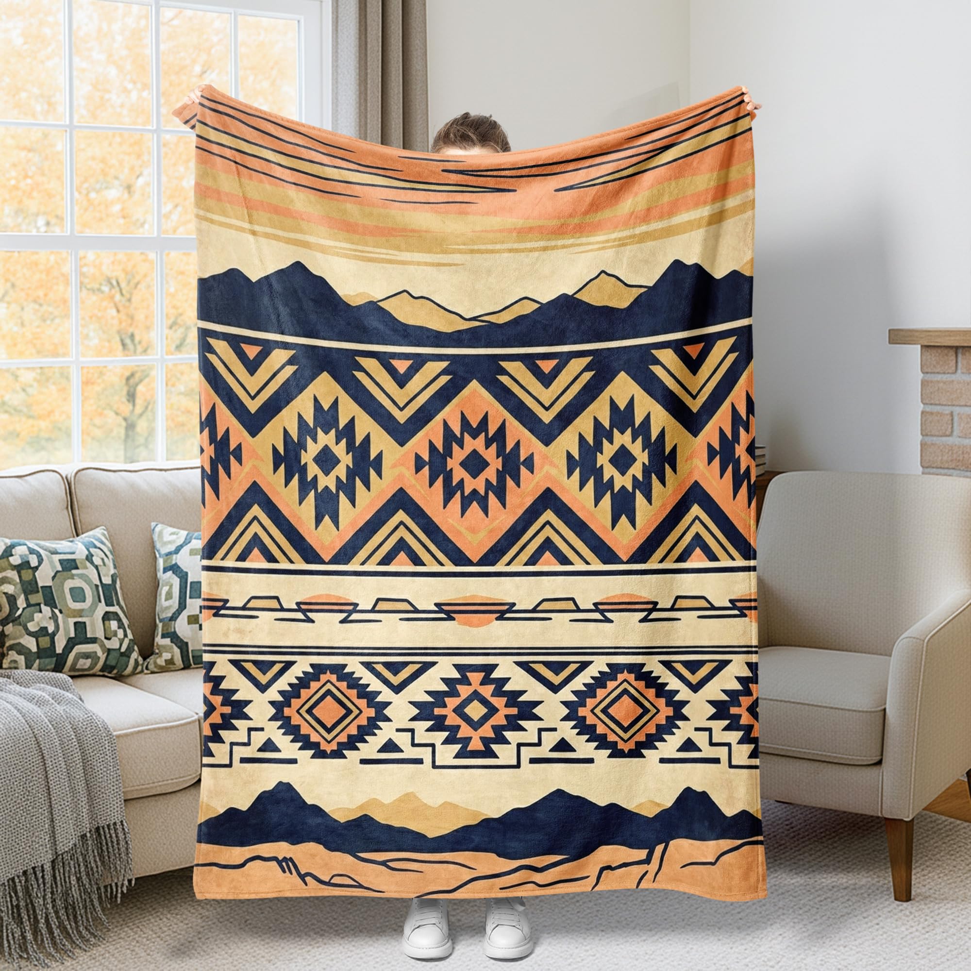 Couverture de montagne pelucheuse chic zigzag orange automne de salon