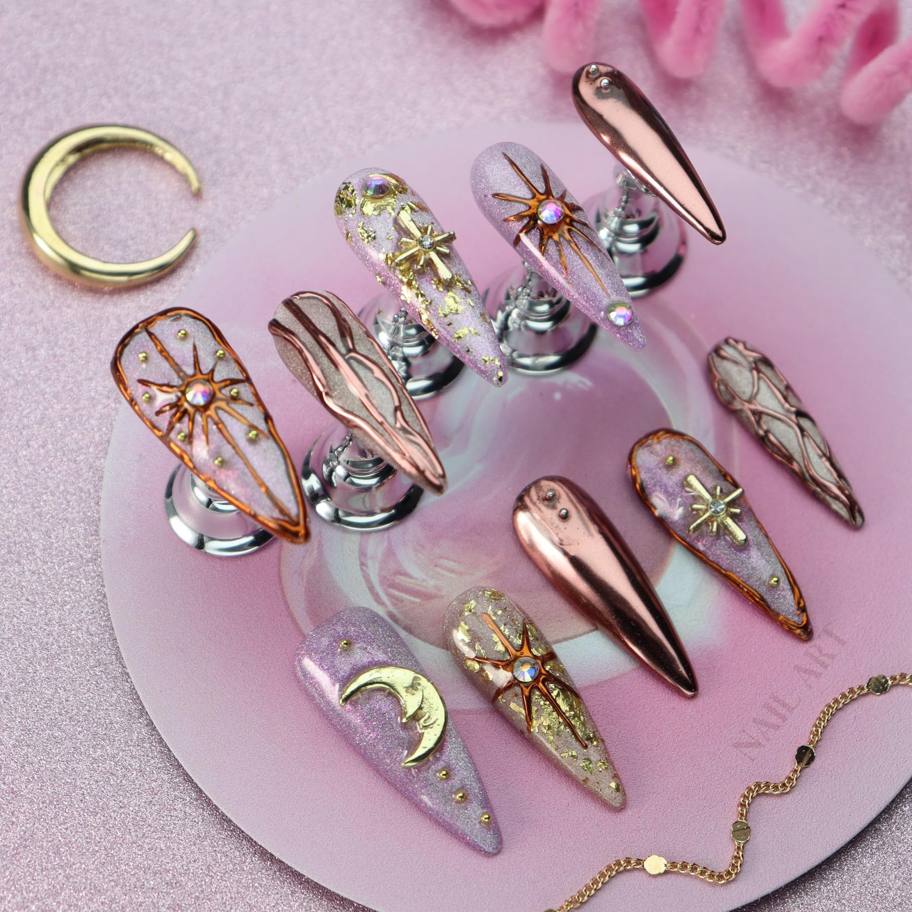 Star Moon - Unghie finte lunghe a stiletto, realizzate a mano, effetto specchio, con glitter, con strass, per donne e ragazze, manicure di lusso (M)