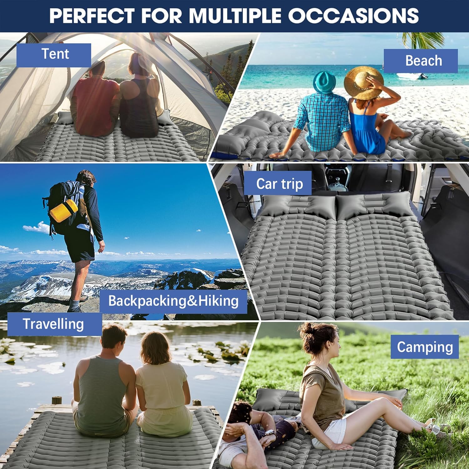 Double Sleeping Pad for Camping - Ultralight Air Mattress with Pillows, Built-in Foot Pump, Compact Inflatable 2-Person Portable Mat for Backpacking, Hiking, Tent, Car Travel, Beach，Road Trip