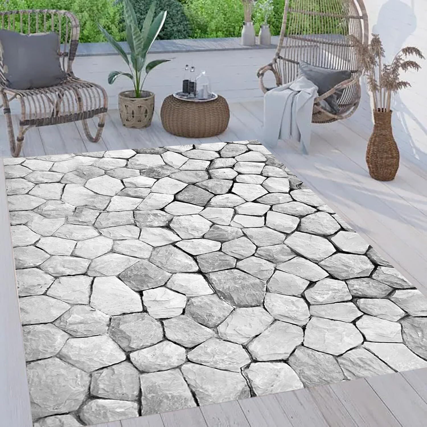 Modern Abstract Art Decor Stone Texture White Grey Waterproof Outdoor Area Rugs for Garden Balcony Backyard RV Camping Pool Patios Deck Carpets Quick Dry Easy Clean Thin Low Pile Floor Mats 5x7