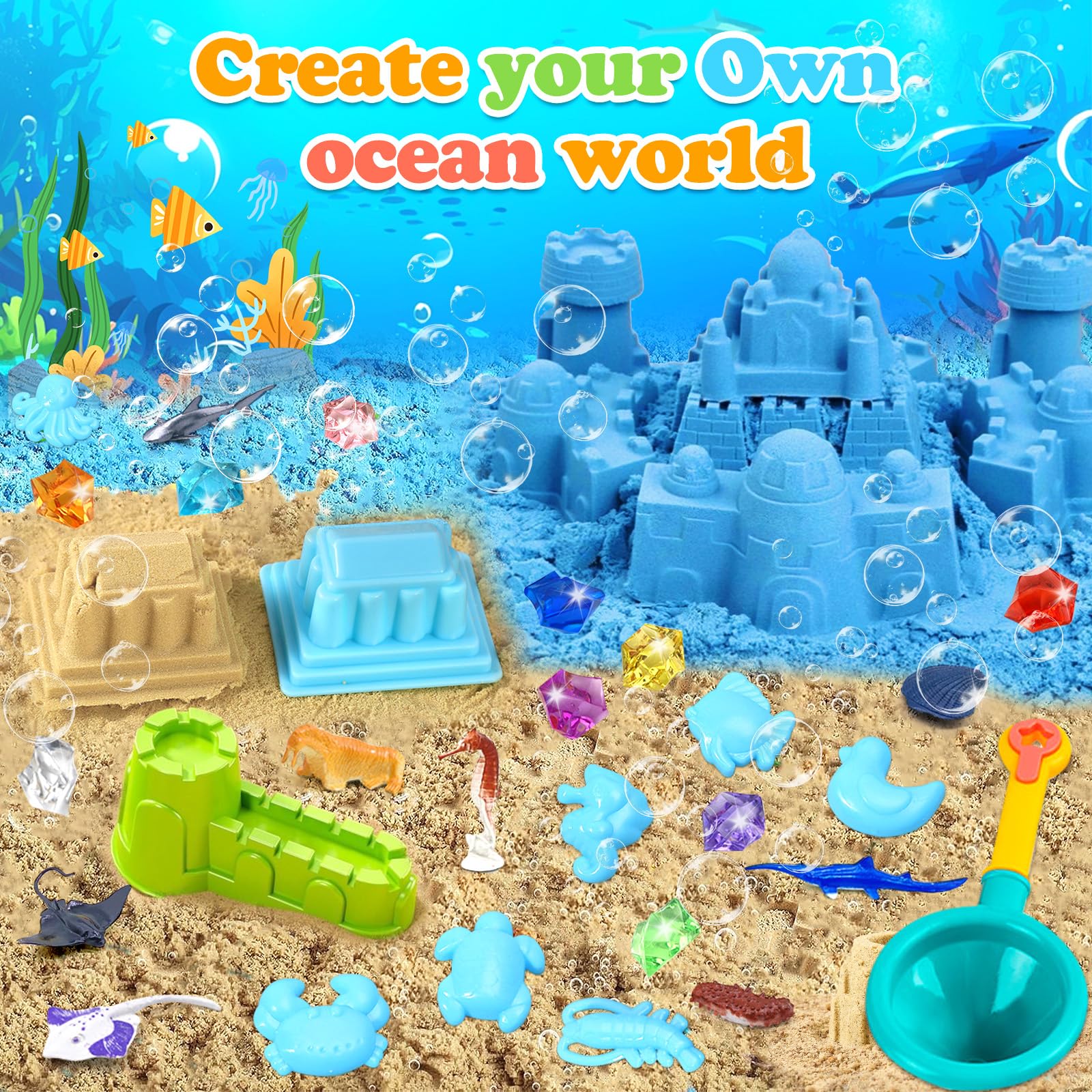 AMCHLEL Sable Magique, Jouets Sensoriels Enfant, Magic Sand avec Moule à Sable et Des Jouets Océaniques, Bac a Sable avec Couvercle, Sable Magique Enfant pour 3+Ans Garçon Fille