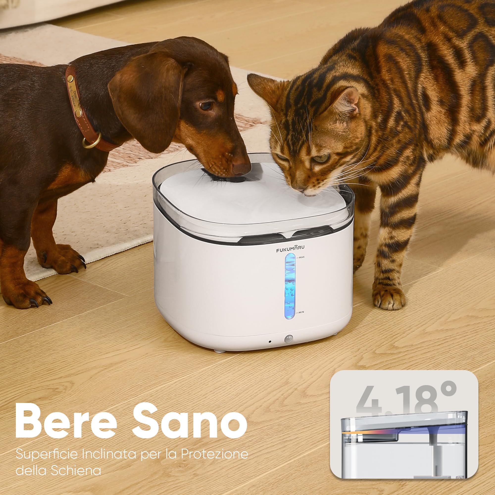 FUKUMARU Fontanella per Gatti Senza Fili, 2L Ultra Silenziosa Fontana per Gatti a Batteria con Sensore di Movimento, Dispenser Acqua Silenzioso, Luce LED Intelligente, Abbeveratoio Gatto Automatico.
