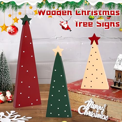 Miniatura 4 de TonJin 3 piezas de decoración de mesa de Navidad, tres tamaños, letrero de madera para árbol de Navidad con estrella para el hogar, estante de