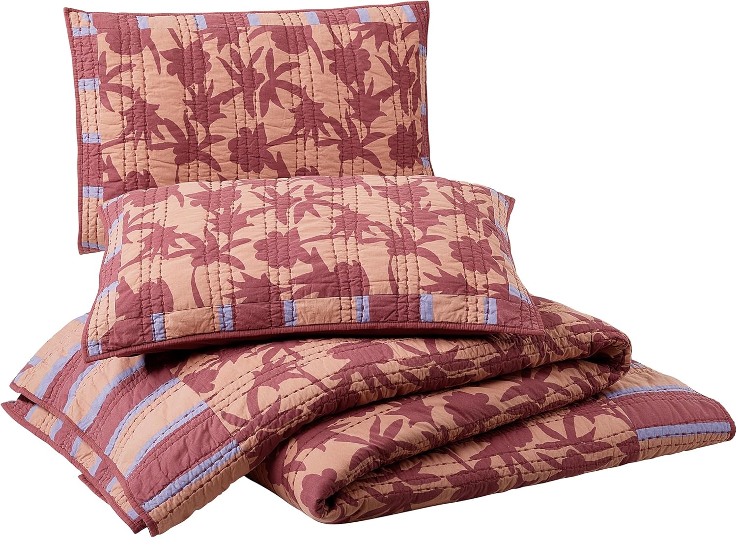 Natalia 100% Cotton All Seasons Quilt and Pillow Sham Set by Jungalow, 3-Piece Boho Quilt Coverlet Set - Full Queen Size, Red