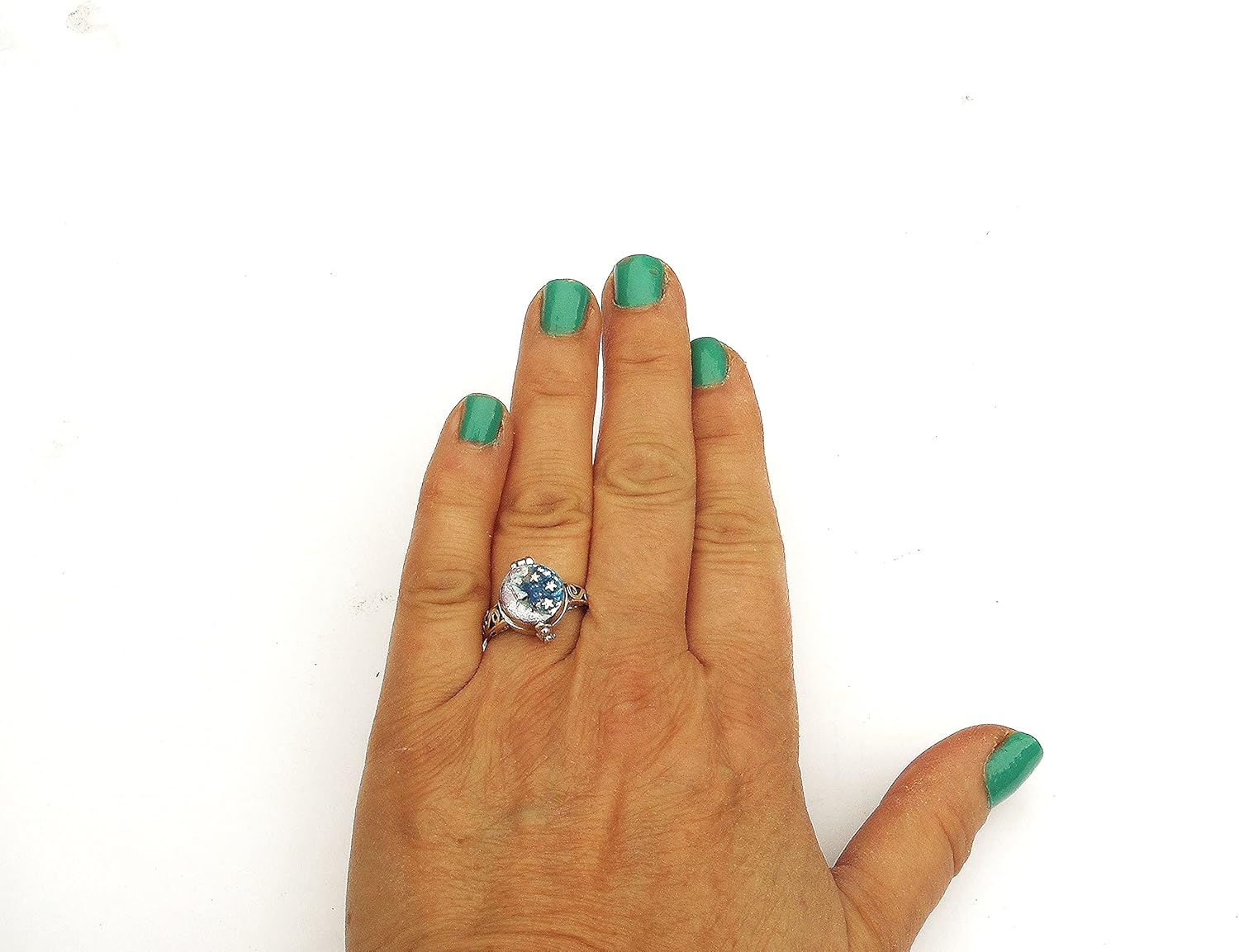 925 Sterling Silver Half Crescent Moon and Stars Poison Ring with Secret Compartment Boho Jewelry for Women (6)