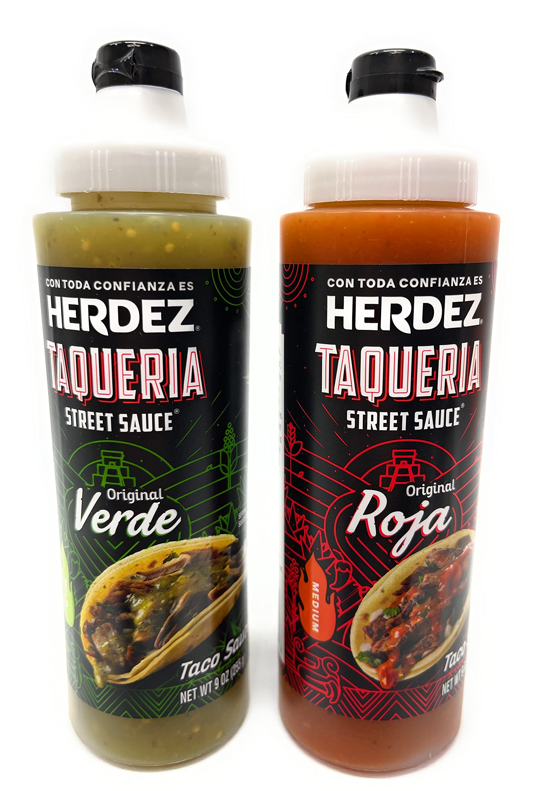 Herdez Taqueria Street Taco Sauce Bundle: (2) 9oz Bottles Sauce & ThisNThat Recipe Card (1 Verde & 1 Roja)