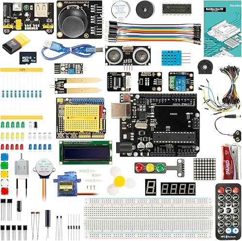 RockBee UNO R3 Kit de inicio y tutorial (55 artículos), con tarjeta de memoria, utiliza chips originales compatibles con Arduino IDE