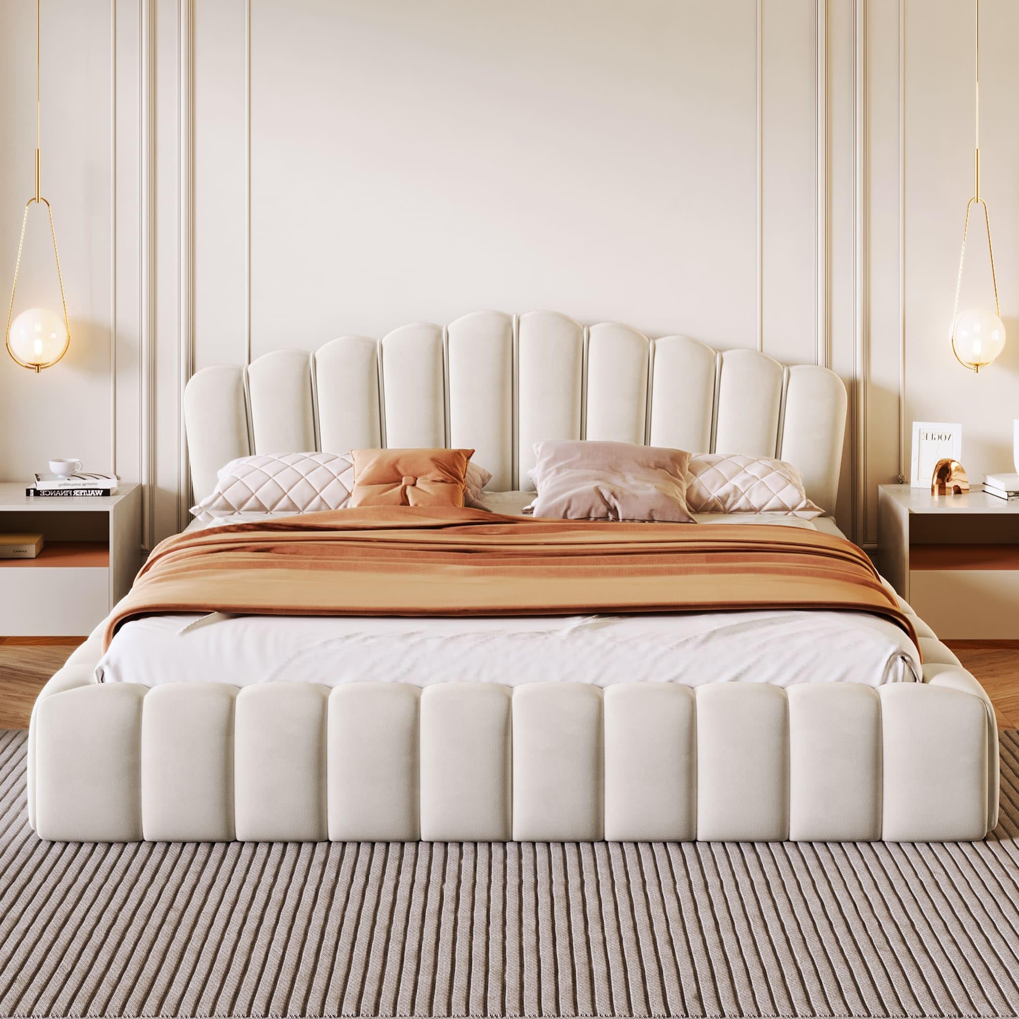 Velvet Upholstered Bed Frame Queen&Bed Frame with Headboard,Soft Cloud Bed Frame&Wood Platform Bed,Shell-Shaped,Sturdy Slats,Heavy Duty 500 lbs,No Box Spring Needed,Easy Assembly (Beige)