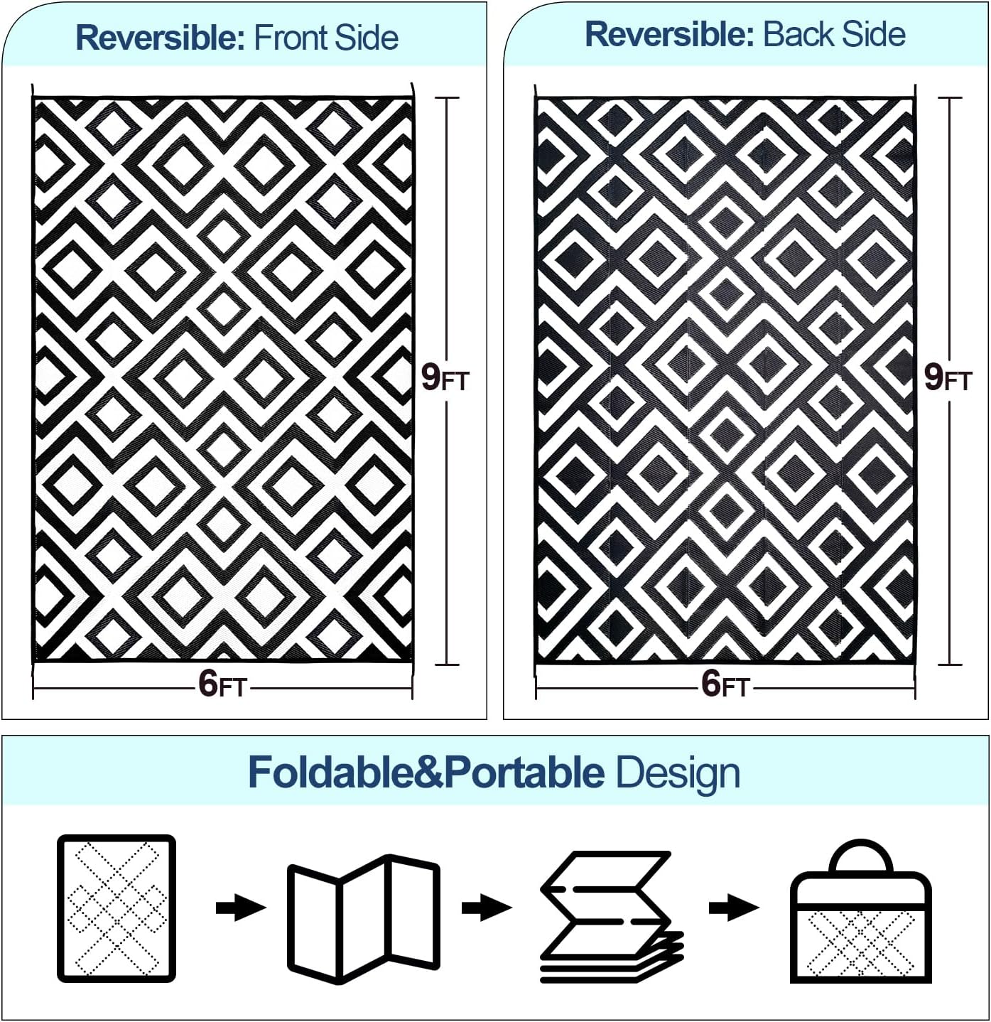 DiiKoo Outdoor Rug Mat for Patio, 6x9ft Waterproof Reversible Plastic Straw Rugs, Camping Carpet Area Mats for RV, Porch, Deck, Backyard, Balcony, Camper, Trailer, Black & White