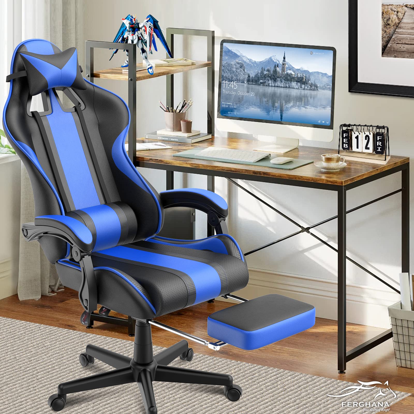 Ferghana Ergonomiczne krzesło do gier z masażem wyścigowym Fotel dla graczy i podnóżek Krzesła do gier Biuro Gaming Fotel Gamer Gamer z zagłówkiem Fotel do gier Reclinable Szary