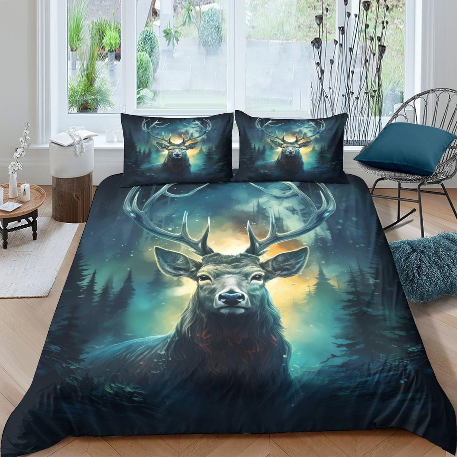 Ctjqhvkz Style-4 3D Printed Forest Deer Fitted Sheet Microfiber Bedroom Decor Moonlight Antler Mattress Cover For Home Guest Room Single（135X200cm）