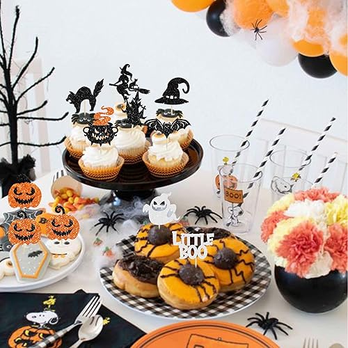 Miniatura 4 de Gyufise 24 adornos para cupcakes de Halloween con calabaza, fantasma, purpurina negra, decoraciones para cupcakes para niños, decoración de fiesta