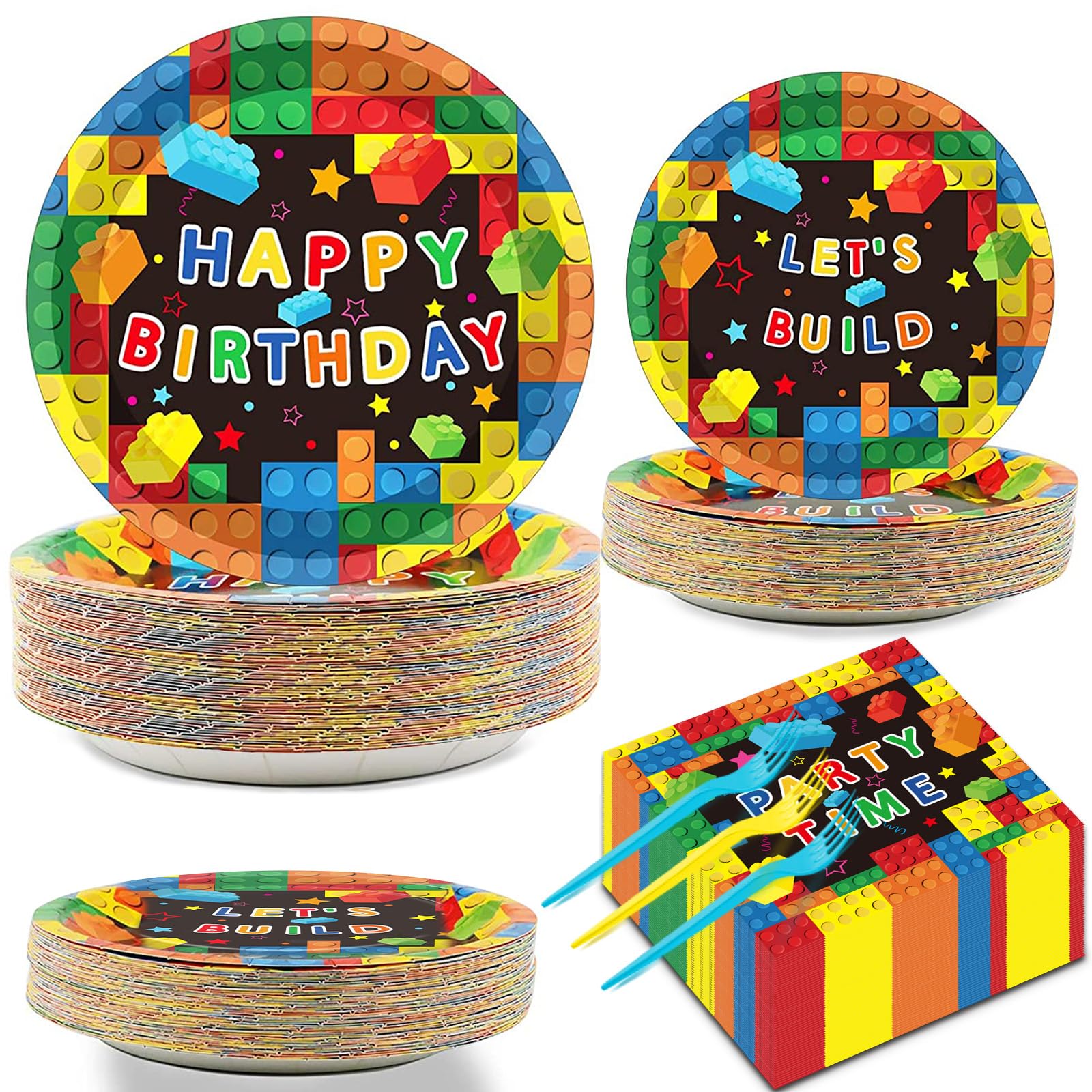 Photo 1 of 200 Pcs Building Blocks Birthday Party Supplies Paper Plates Napkins Colorful Blocks Party Birthday Decorations Favors for Kids Bricks Serves 50 Building Blocks Party