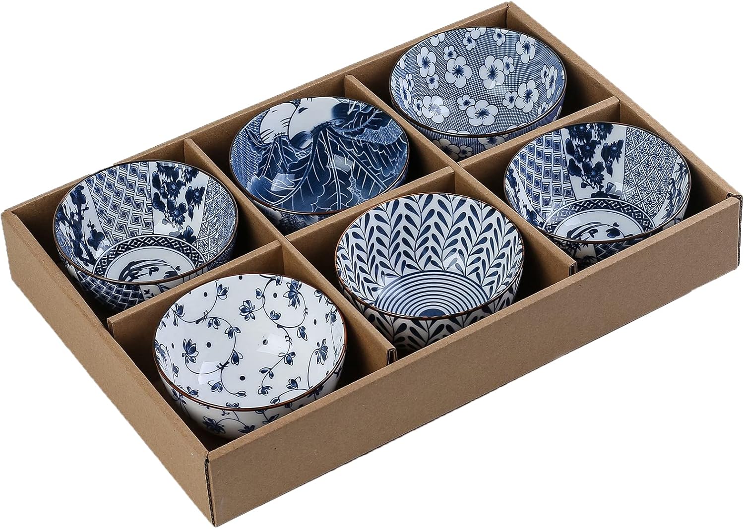 Gegong 6 Pack Ceramic Bowls, Japanese Style , 10 Ounces Thickening Blue and white porcelain Rice /Cereal Bowls for Kitchen, Suitable for microwave, ovens, dishwashers (mixing)