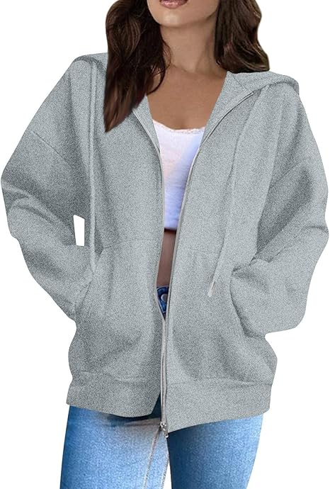 OIOLOYJM Zipper Hoodies for Women Long Sleeve Oversized Sweatshirts Y2k Drawstring Soft Jacket 2025 Fall Fashion with Pockets