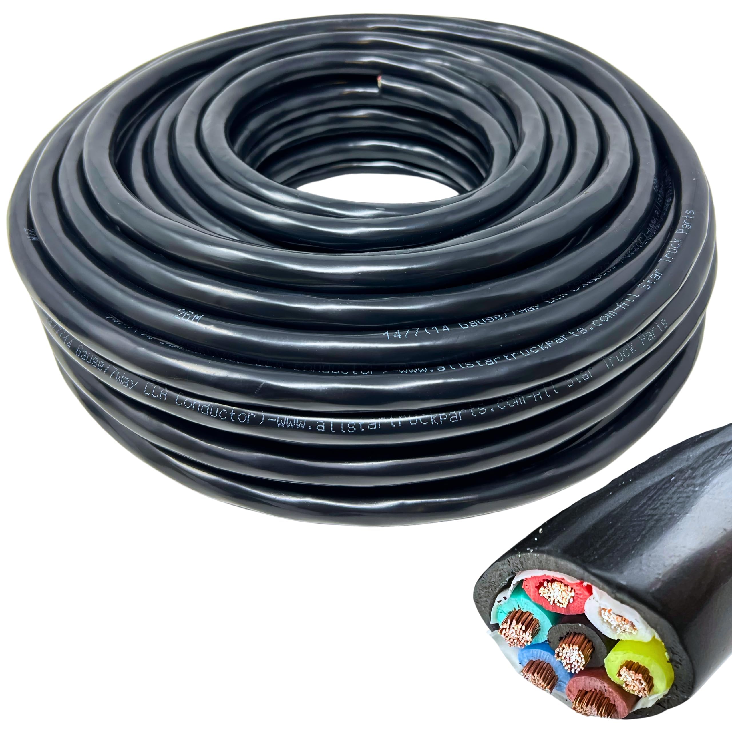14 Gauge 7 Way Trailer Wire 30% Copper CCA 7 Conductor Cable 25 Ft Roll | All Star Truck Parts 14 AWG CCA DOT FMVSS 108 SAE PC P2 Flexible PVC Jacket -15°C Rated Color Coded Conductors RV Camper 12V