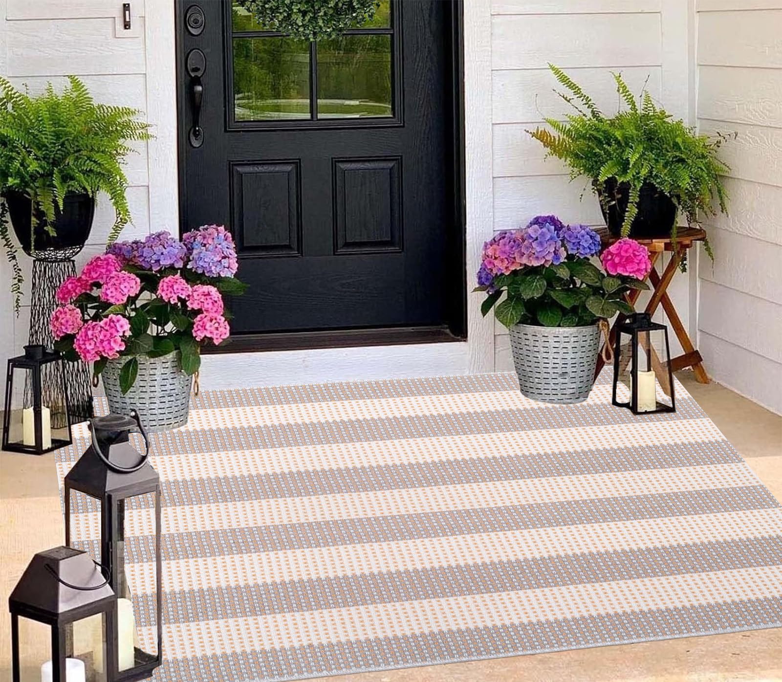 BUAGETUP Outdoor Rug 3'x 5',Grey and White Striped Area Rug Hand-Woven Cotton Porch Rug Machine Washable Indoor/Outdoor Area Rug Floor Mat for