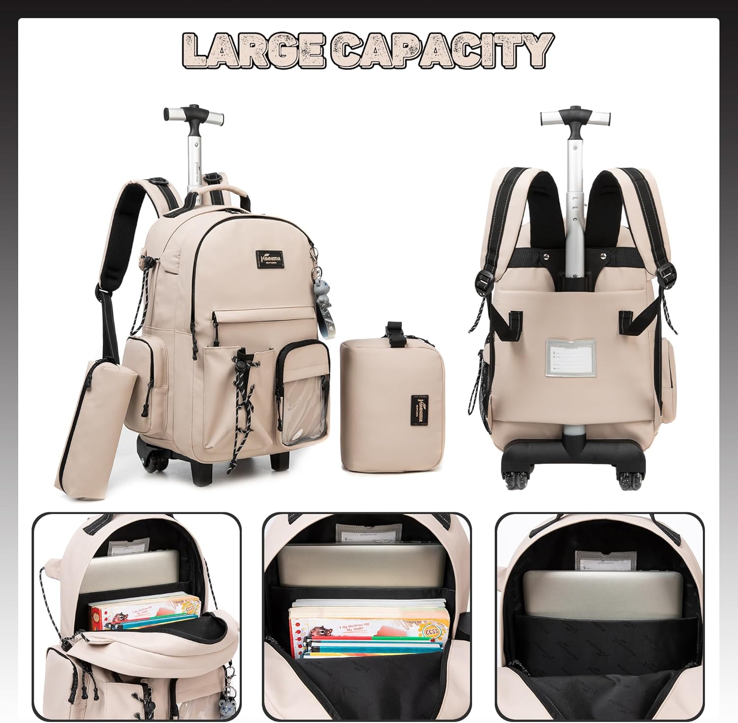 HTgroce Rollende Rugzak Voor Meisjes 40,6 cm Set 3 in 1 Met Lunchtas - Kleuterschool Geschenken Voor Kinderen, Trolley Tas, Roze Hart