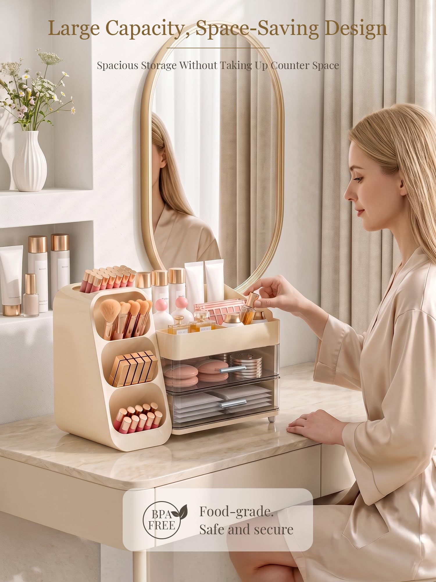 Booklov Large Makeup Organizer for Vanity Countertop, Cream 3