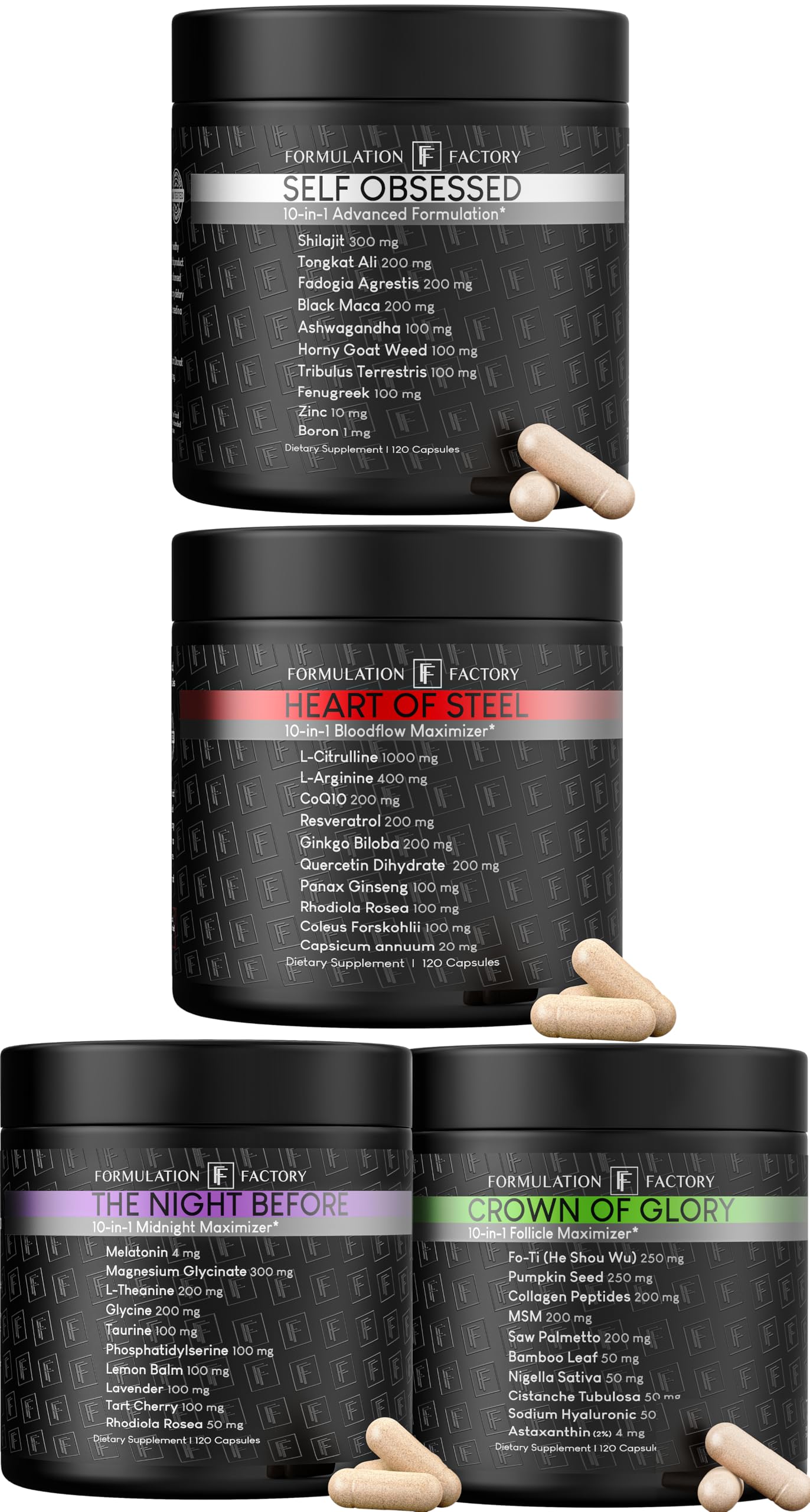 Formulation Factory Self Obsessed x Heart of Steel x The Night Before x Crown of Glory (Bundle) – Men's Vitality, Blood Flow, Sleep & Hair Support with Shilajit, L-Citrulline, Magnesium & Saw Palmetto