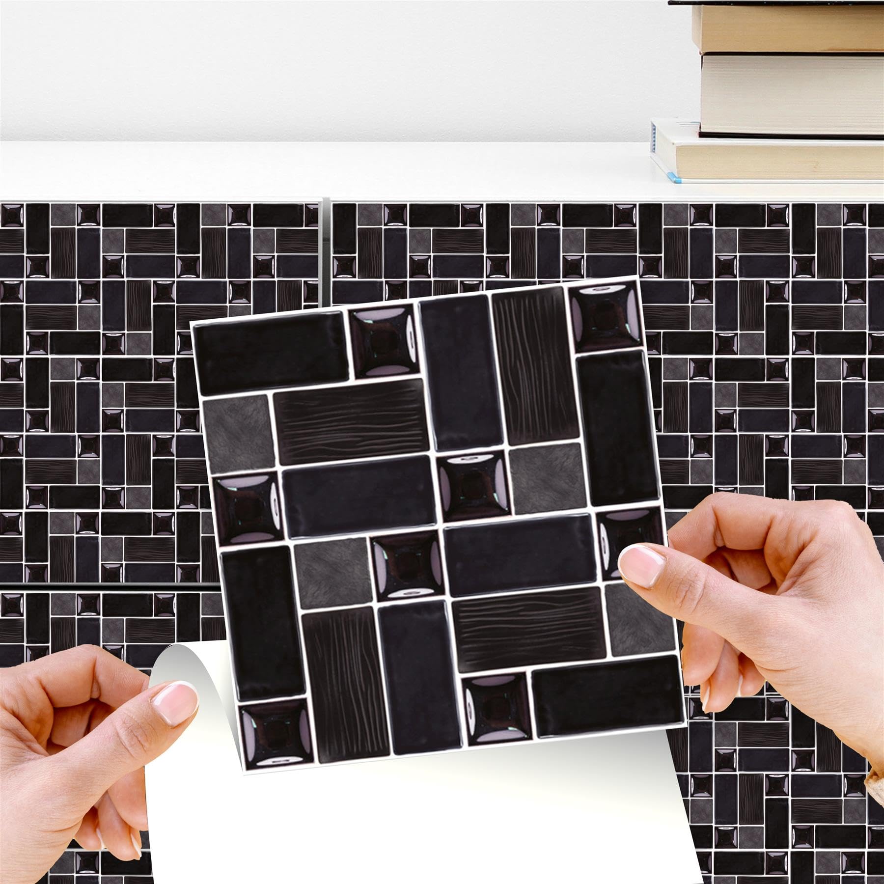 WALPLUS Tile Transfers for Kitchen DIY Self Adhesive Wall Tiles 15x15cm Black Porcelain Mosaic Glossy Stick on Tiles