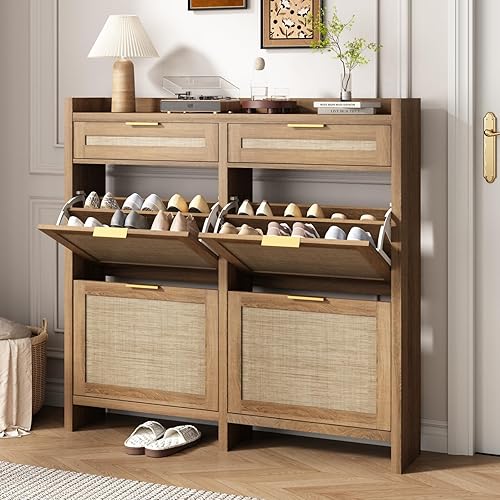 Large Rattan Shoe Storage Cabinet with 4 Flip Drawers & 2 Storages–Hidden Slim Shoe Organizer for Entryway, Large Tabletop Space, Farmhouse Boho Narrow Shoe Rack, Rustic Oak
