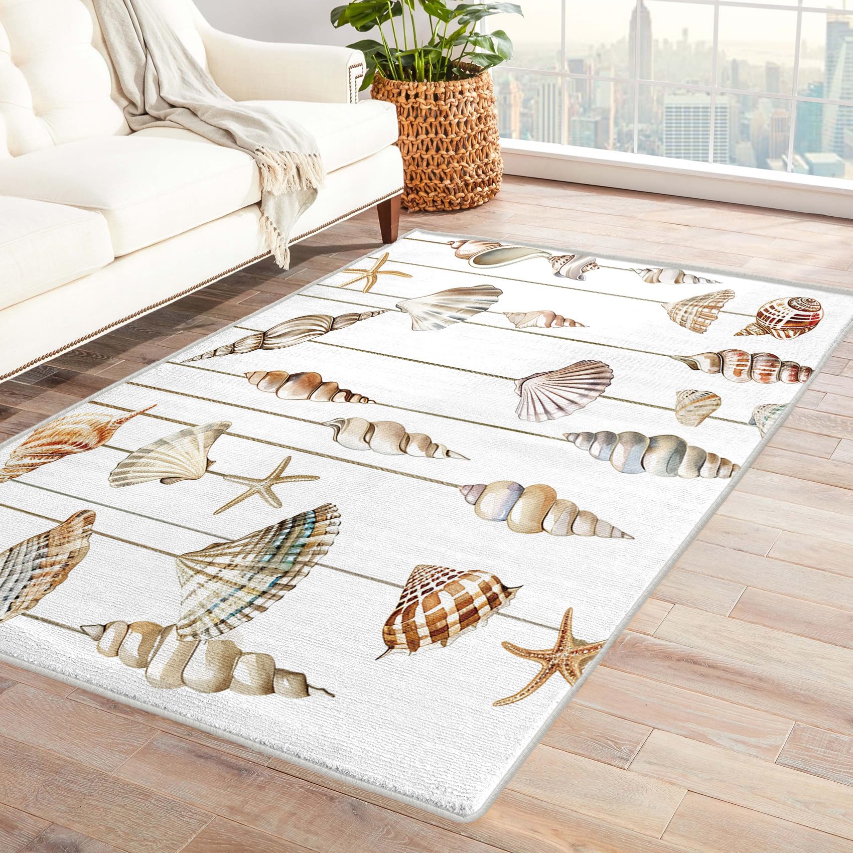 Beach Theme Throw Rugs for Entryway 2x3, Coastal Nautical Starfish Seashell Pattern Design Indoor Door Mat, Beach Theme Bedroom Kitchen Entrance