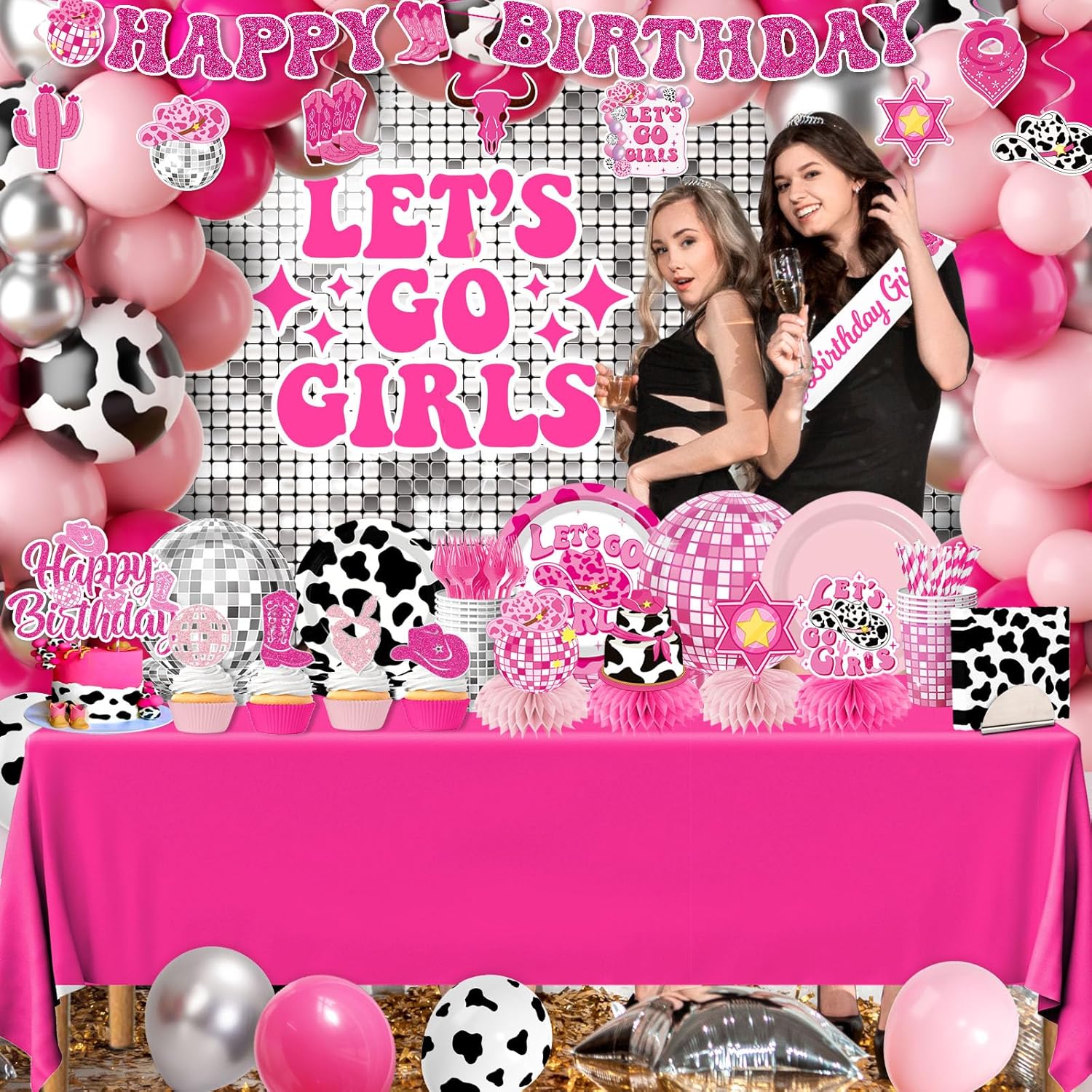 Cowgirl Birthday Party Decorations,275Pcs Disco Cowgirl Party Decorations with Cowgirl Balloon Arch,Lets Go Girls Backdrop,Tableware Banner Tablecloth for Western Cowgirl Last Rodeo Bachelorette Decor