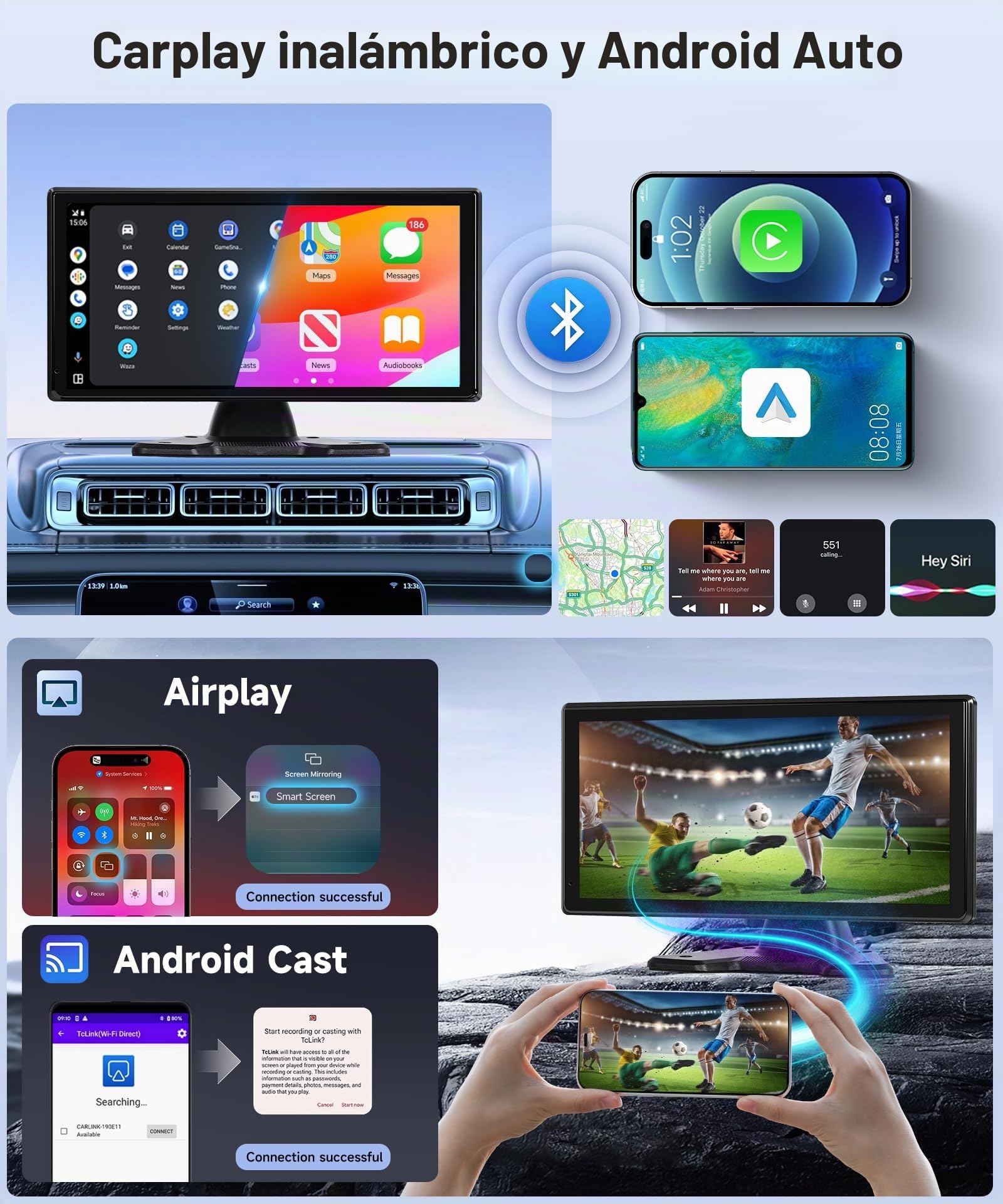 4K Cámaras de Visión Trasera 4 Cámaras Set avec Wireless Carplay Android Auto, 10,36 Pulgadas Monitor 4 Pantallas Divididas, Bluetooth/Transmisor FM/Vídeo en Bucle/Vídeo WiFi para Camión/Bus/Furgoneta