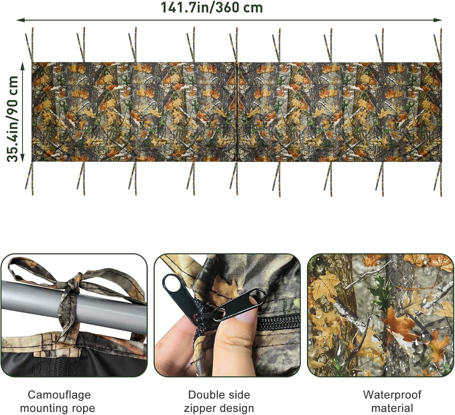 Four-sided Hunting Tree Stand Blinds Kit, 142" x 35" Large Treestand Camo Blind Cover Universal 2 Man Ladder Stand Blind Camouflage Stand Accessories with Zipper Pocket Storage Bag for Deer Hunting