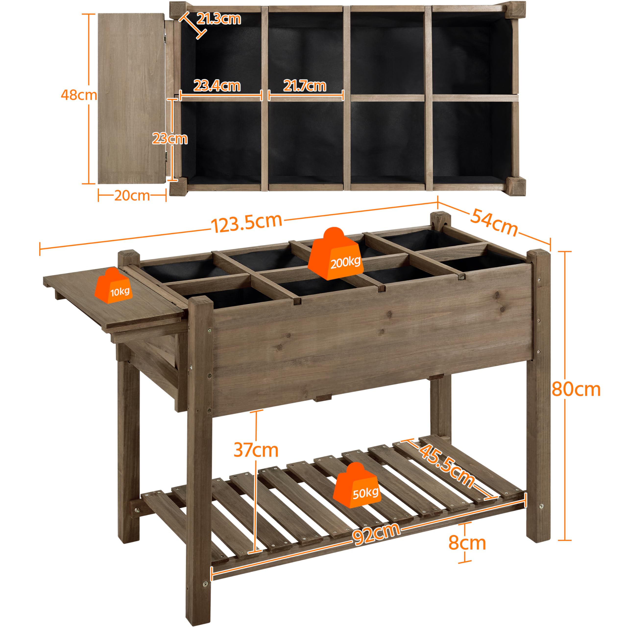 Yaheetech Huerto Urbano con Estante 123,5x54x80cm Macetero Jardinera Elevada de Madera Abeto con Rejillas de Cultivo Extraíbles y Forro Interior de Tela para Jardín/Terraza/Balcón Marrón Oscuro