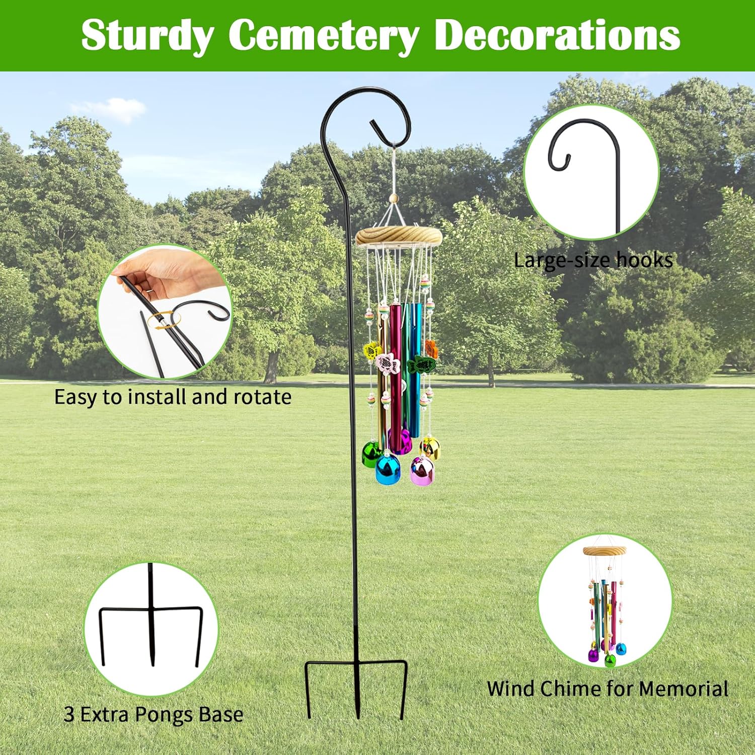Cemetery Grave Wind Chime with Shepherds Hook, Headstones Windchime for Grave, Grave Decorations Memorials Sympathy Gifts for Loss of Loved Ones
