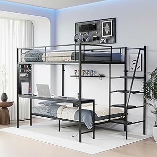 Full Over Twin Bunk Bed with Built-in Desk, LED Lights & Charging Statio...