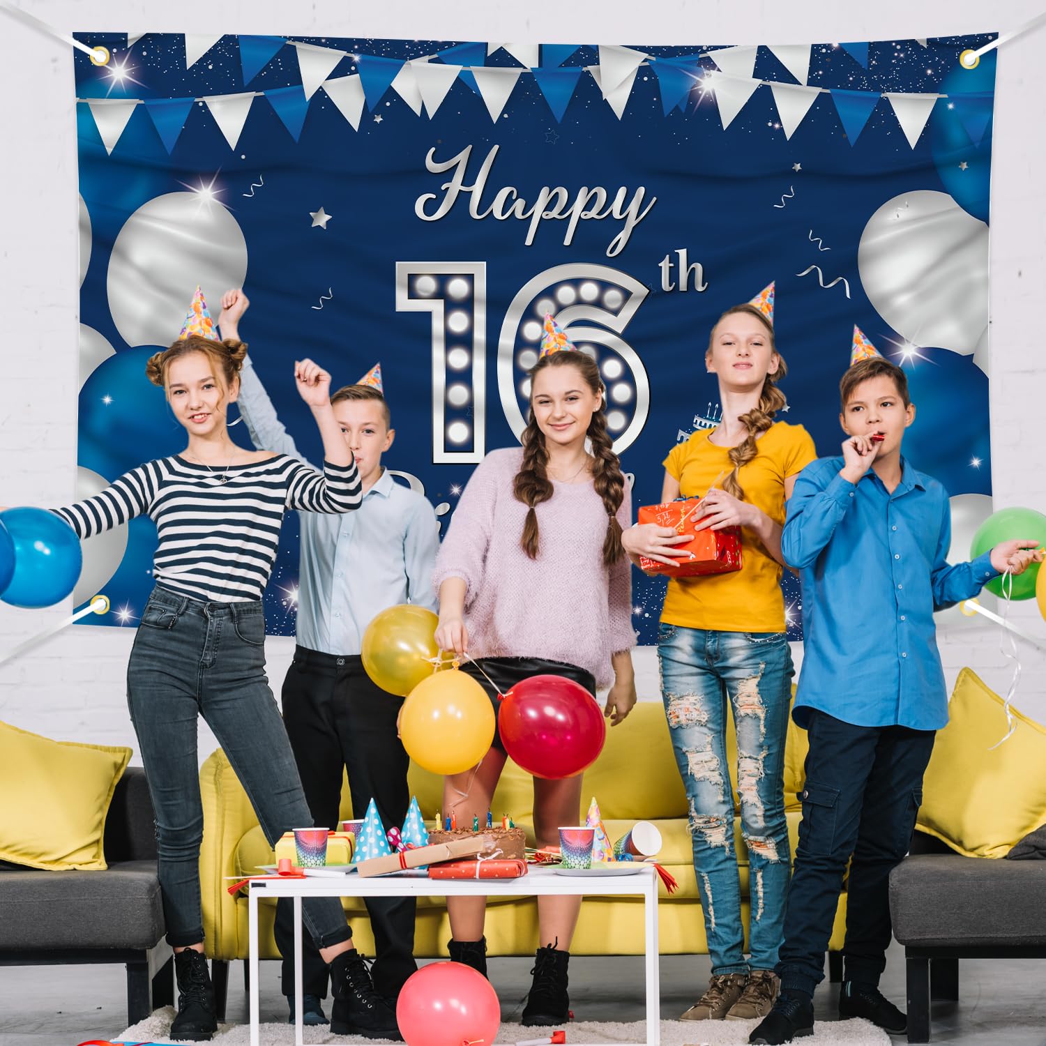 Vicycaty Happy 16th Birthday Banner - Blue Fabric Backdrop 6.1ft X 3.6ft, Party Decor & Photo Prop