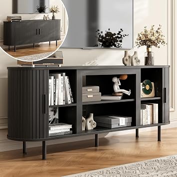 65 Tv Stands for Living Room, Entertainment Center with Storage, Adjustable Shelves and Sliding Doors, Tv Stand Tv Console for Living Room,Bedroom Black