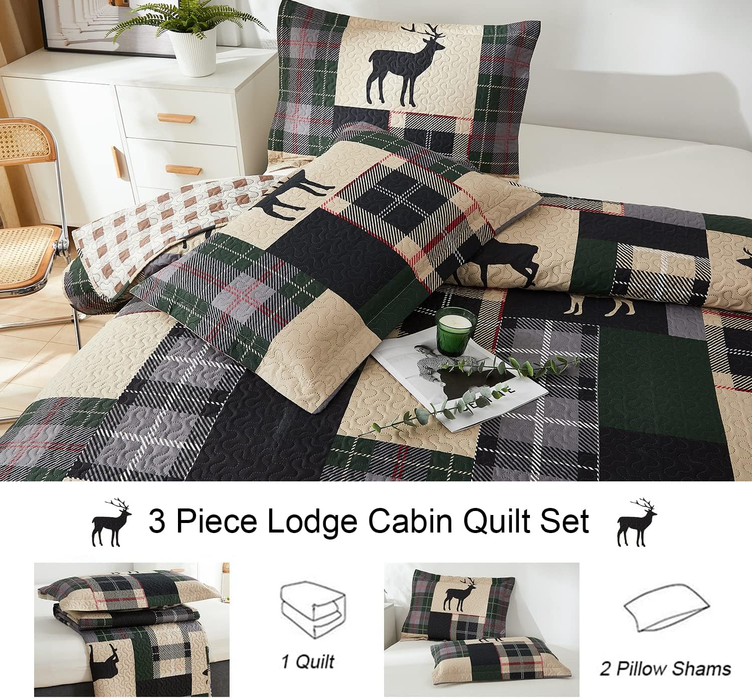Ycosy 3pcs Breathable Lightweight Christmas Plaid Lodge Quilt Set Full/Queen Size Including Quilt, 2 Pillow Shams, Green, Polyester, Bedspread Set or Bedding Set - Image 7