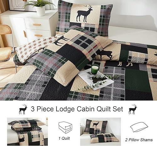 Miniatura 6 de Juego de colcha de cabaña rústica, tamaño King, juego de ropa de cama de ciervo, colcha ligera reversible, colcha con estampado de alce y alce,