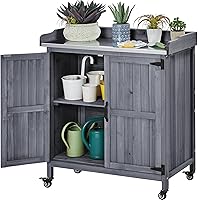 Yaheetech Outdoor Potting Bench Table - Wooden Garden Work Station with Metal Top, Storage Shelves & Lockable Casters, Gray