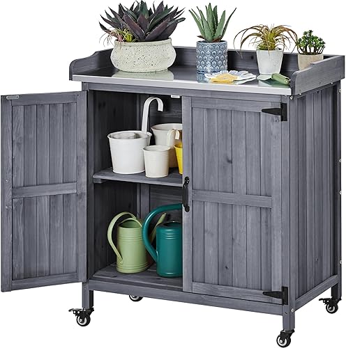 Yaheetech Mesa de banco para macetas de jardín, gabinete de almacenamiento de madera y banco de trabajo para plantación de madera maciza con
