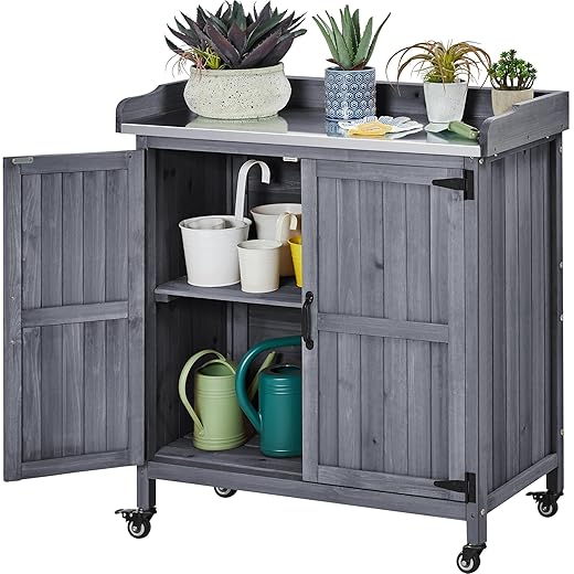 Yaheetech Garden Potting Bench Table, Outdoor Garden Horticultural Wooden Storage Cabinet & Solid Wood Planting Work Bench with Large Space Storage & Metal-Plated Tabletop, Gray