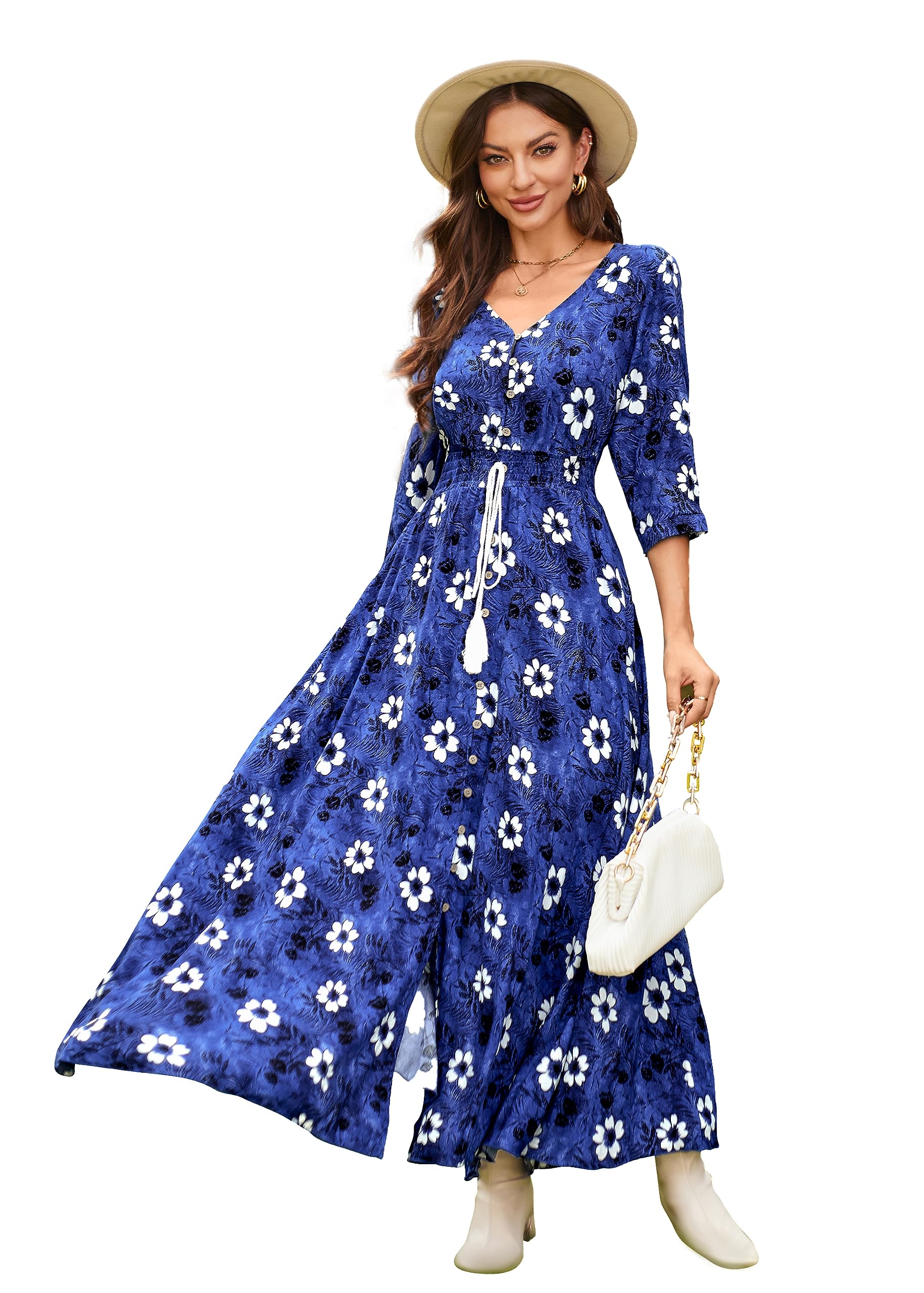VintageClothing Women's Floral Maxi Dresses with Sleeves Flowy Boho Beach Dress