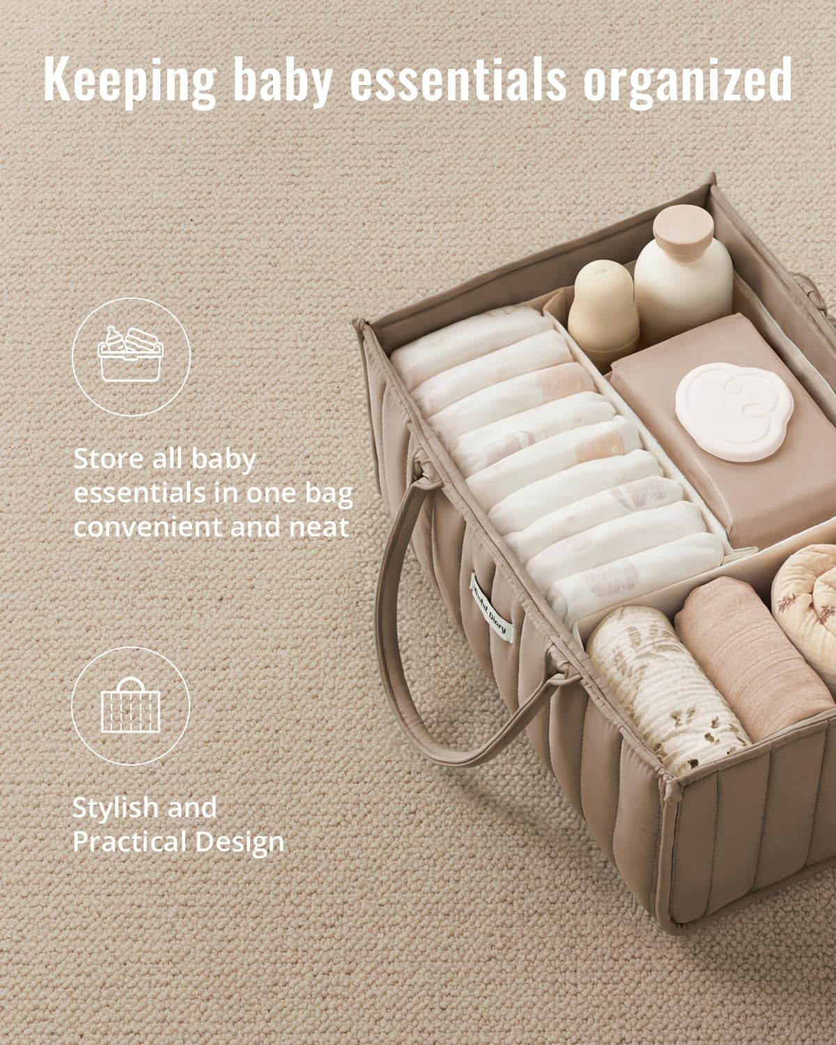 Blissful Diary Organizer na pieluchy dla niemowląt, stylowy kosz do przechowywania niezbędnych artykułów dla noworodka i stacji na pieluchy, prezent na baby shower i niezbędny element listy, brązowy