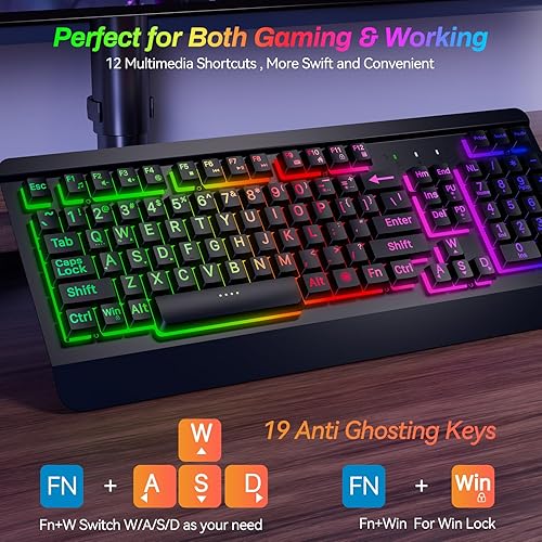 Miniatura 4 de Acebaff Teclado para juegos con retroiluminación arcoíris de impresión grande, teclado de computadora con iluminación USB con teclas de letras